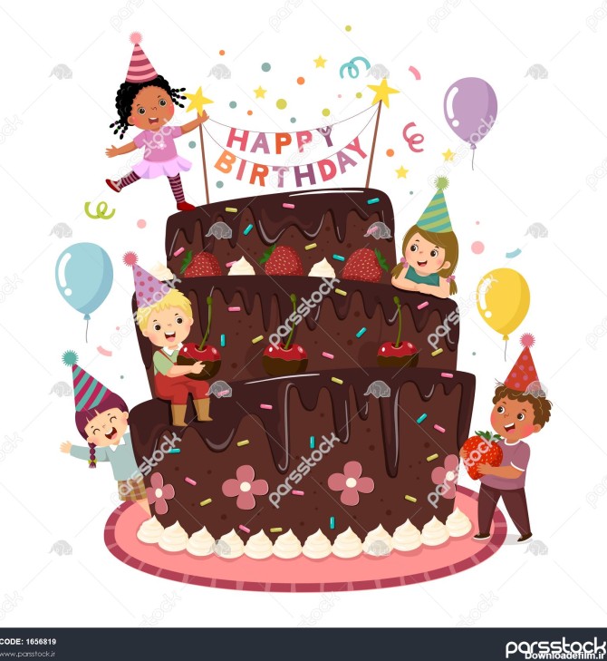وکتور تصویر کارتونی کودکان شاد در حال تزیین کیک تولد 1656819