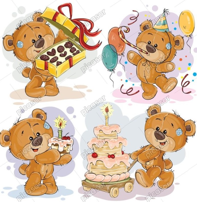 4 وکتور تدی بر با کیک و شیرینی - وکتور بچه خرس کارتونی تم تولد