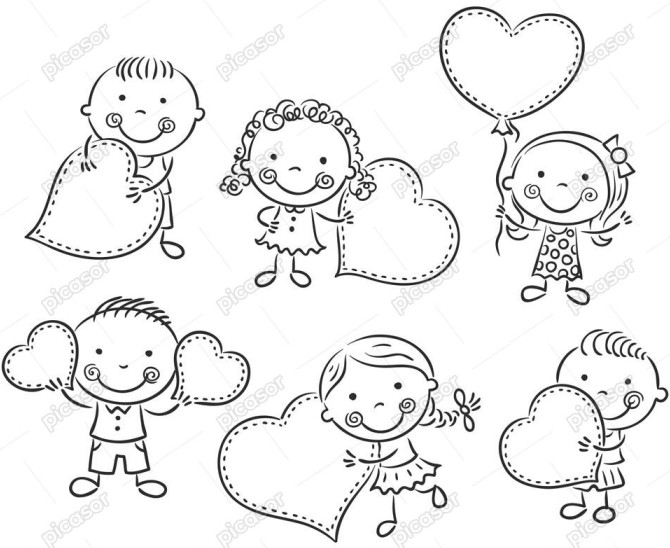 6 وکتور نقاشی خطی از کودکان با بنر قلبی - وکتور نقاشی پسر بچه و ...