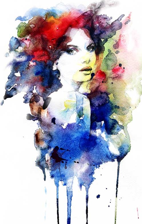 دانلود تصویر نقاشی آبرنگ چهره دختر با ابرنگ آبی و قرمز