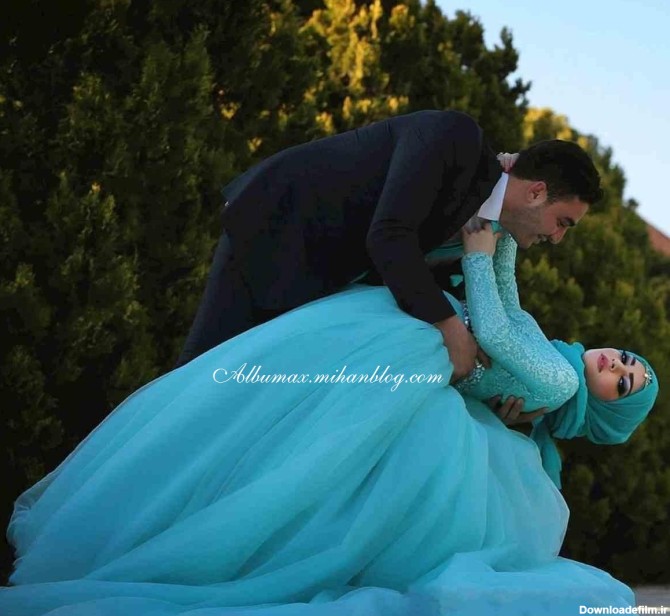 لباس عروس آبی با حجاب - عکس ویسگون
