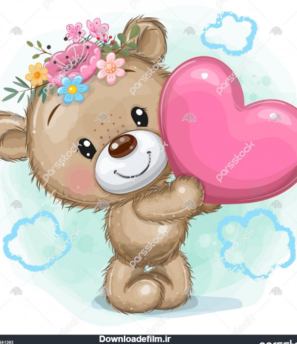 عروسک خرس کارتونی ناز با قلب در پس زمینه آبی 1541393