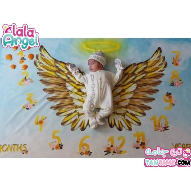 پارچه ماهگرد نوزاد طرح بال فرشته طلایی ایده عکس ماهگرد نوزاد