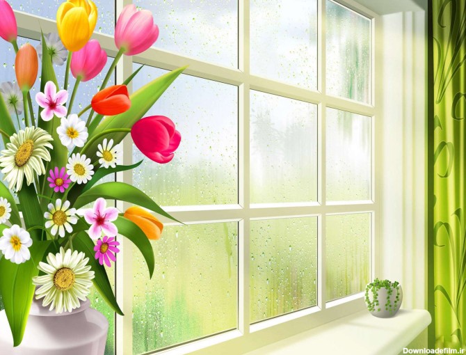 نقاشی پنجره و گلدان
