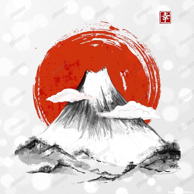وکتور نقاشی کوه فوجی یاما ژاپن و خورشید سرخ در پس زمینه کوه،هنر ...