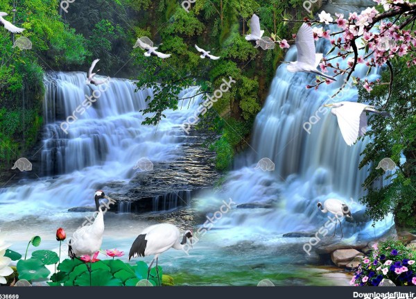 منظره آبشار و شکوفه با پرندگان و گلهای زیبا طرح پوستر دیواری زیبا ...
