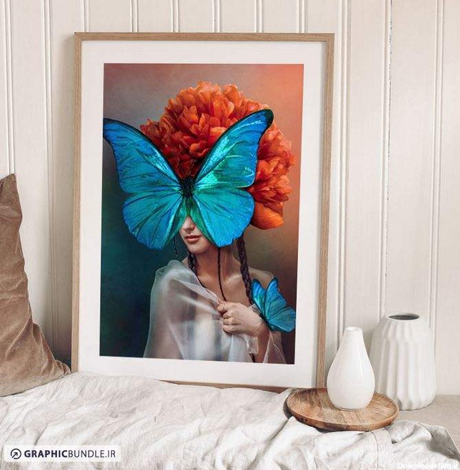 طرح تابلوی لوکس از دختری با صورت پروانه های و موهای گلدار