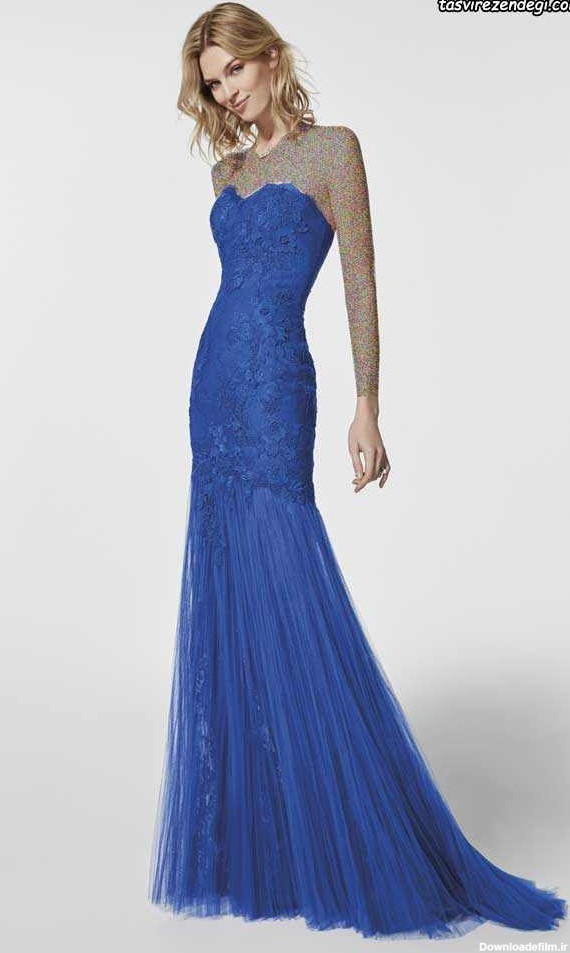 مدل لباس شب دکلته شیک آبی کاربنی