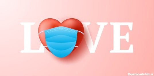 دانلود وکتور کلمه عشق با قلب قرمز واقع گرایانه زیبا در ماسک پزشکی آبی محافظت از ویروس کرونا و بنر تصویری وکتور روز ولنتاین کووید