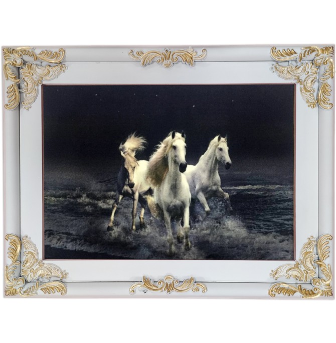 تابلو فرش سه اسب سفید در ساحل کد 09007 | خرید تابلو فرش جدید