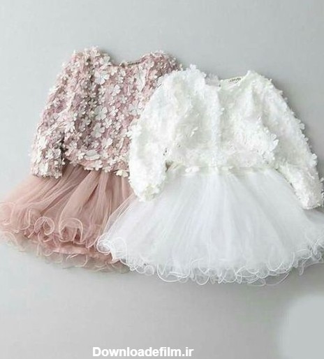 لباس نوزادی دخترانه مجلسی خوشکل و ملوس رنگ سفید گلدار و رنگ برنزه کدر