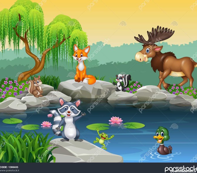 مجموعه حیوانات بامزه کارتونی در زمینه طبیعت زیبا 1366405