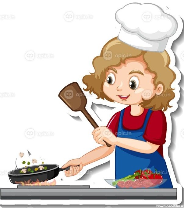 دانلود طرح وکتور استیکر با شخصیت کارتونی دختر آشپز در حال پخت غذا ...