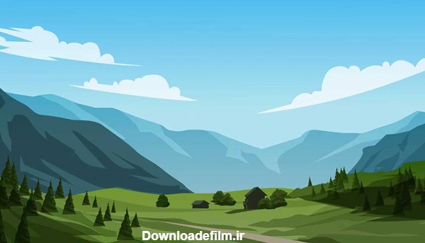 منظره کارتونی چمنزار با کوه، تپه و آسمان آبی - GFXtreme