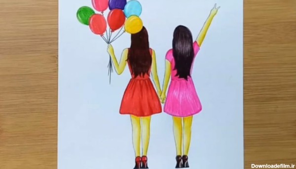 آموزش نقاشی مداد رنگی دو دوست