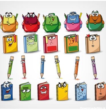 دانلود وکتور المان های کارتونی و نقاشی شده کیف ، کتاب و مداد