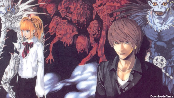 شخصیتا‌های یاگامی لایت، میسا، ریوک و شینیگامی‌هایی به رنگ قرمز از انیمه‌ی Death Note