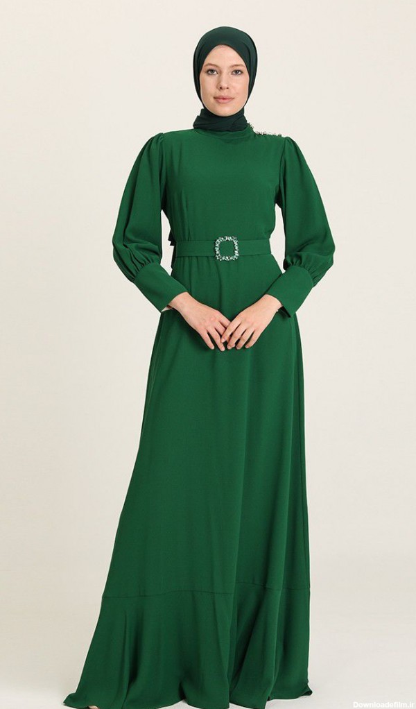 مدل لباس مجلسی با حجاب ساده رنگ سبز