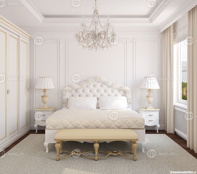 دانلود داخلی اتاق خواب سفید کلاسیک. ارائه 3 بعدی عکس پشت پنجره ...