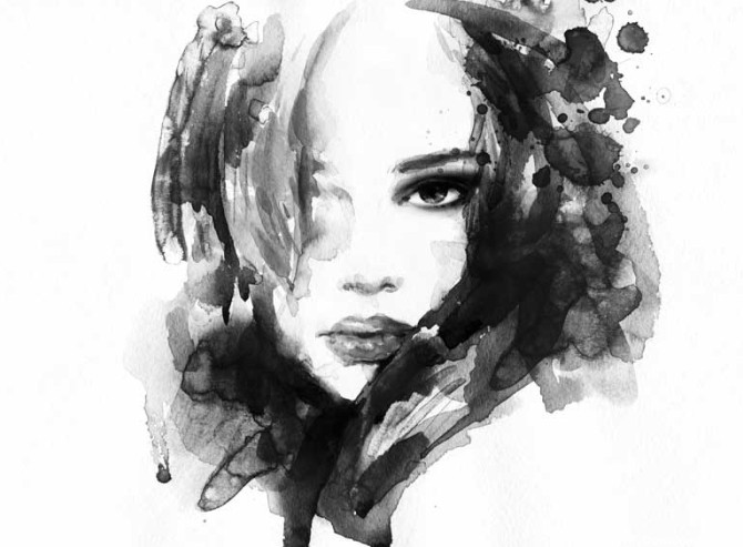 دانلود تصویر نقاشی سیاه و سفید چهره دختر با مو های بلند
