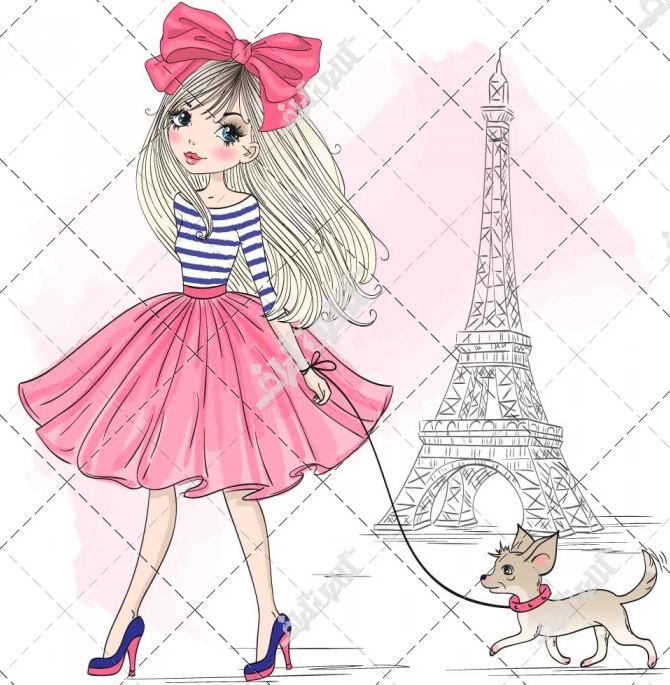 دختر ناز درحال قدم زدن با سگ پا کوتاه در کنار برج ایفل