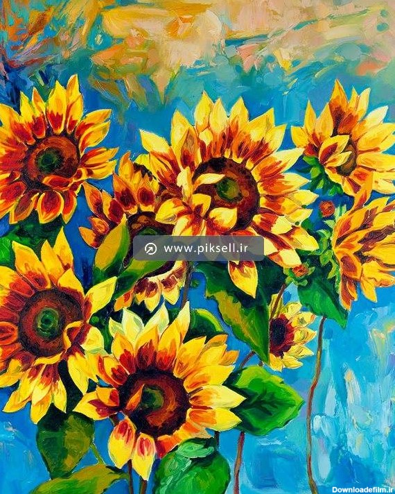 عکس با کیفیت از نقاشی آبرنگی یا رنگ روغن گل های آفتاب گردان