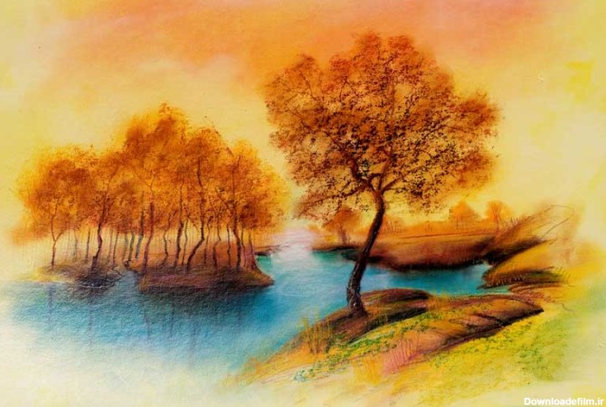 دانلود تصویر نقاشی درختان پاییزی کنار رود