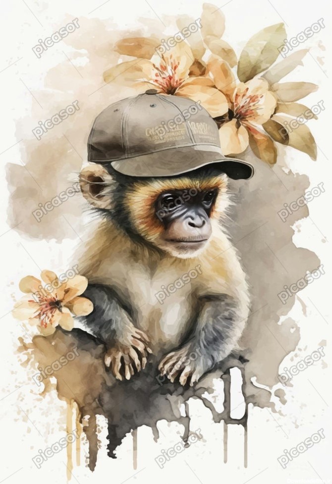 وکتور نقاشی میمون با کلاه و گل سبک آبرنگ - وکتور تصویرسازی میمون ...