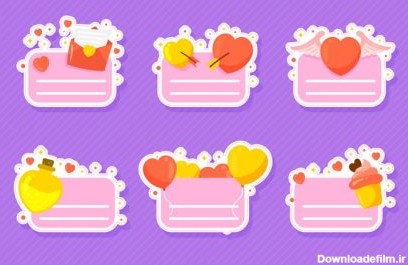 دانلود وکتور شامل استیکرهای متشکل از حروف عاشقانه قلب با قلب پیکانی با بال عطر بادکنک قلب و کیک های شیرین