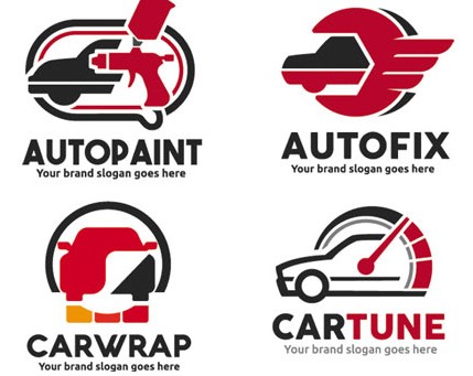 وکتور مجموعه چهار لوگو با طرح تعمیر خودرو شامل Autofix - Autopaint - Cartune و Carwrap
