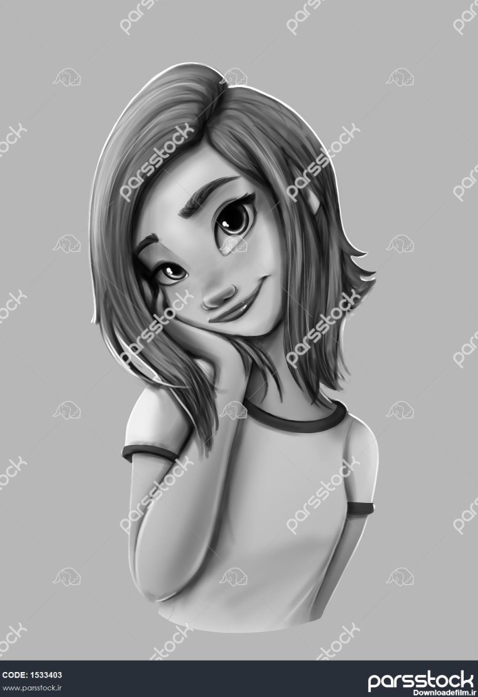 دختر خجالتی زیبا سیاه سفید نقاشی دیجیتال ناز 1533403