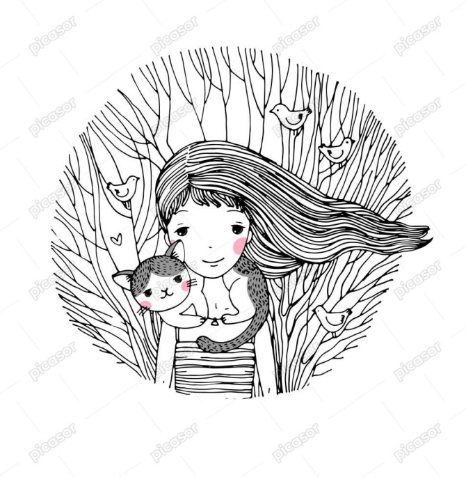 وکتور دختر و گربه زمینه شاخه درخت - وکتور نقاشی اسکچ دختر با زمینه ...