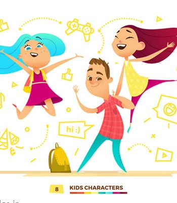 دانلود فایل شخصیت کارتونی وکتور خوشحالی دو دختر در کنار یک پسر با دو فرمت ai و eps