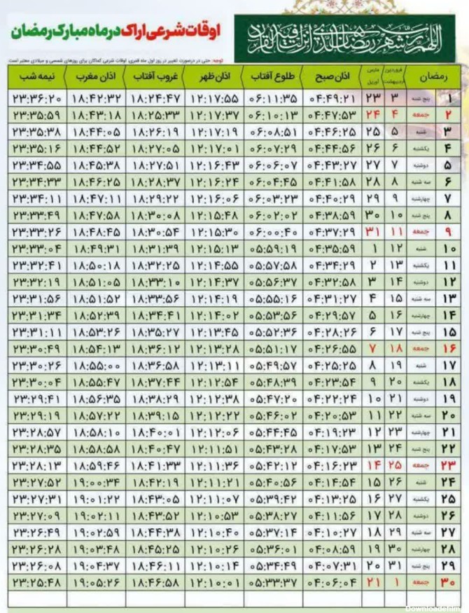 جدول اوقات شرعی اراک در رمضان ۱۴۰۲