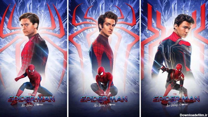سه نسخه متفاوت مرد عنکبوتی با بازی تام هالند، اندرو گارفیلد و توبی مگوایر در فن آرت فیلم Spider-Man: No Way Home