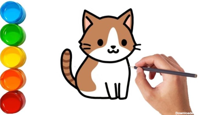 نقاشی کودکانه گربه ملوس، پشمالو و بامزه ساده و آسان و زیبا