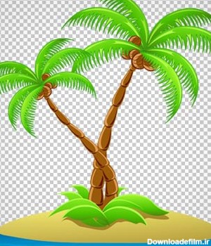 تصویر کارتونی دو درخت نارگیل (نخل) در جزیره کوچک بدون پس زمینه با فرمت png
