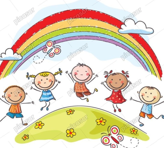 وکتور کودکان شاد در طبیعت با رنگین کمان