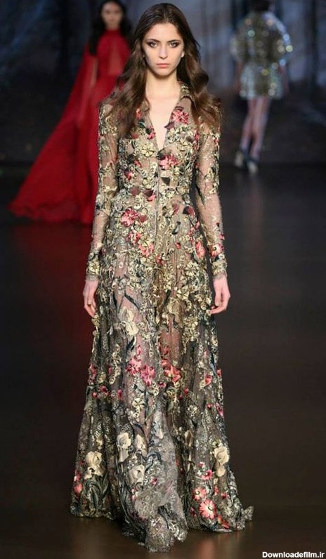 مدل لباس بلند زنانه مجلسی آستین دار شیک گلدار