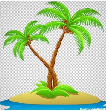 تصویر کارتونی دو درخت نارگیل (نخل) در جزیره کوچک بدون پس زمینه با فرمت png