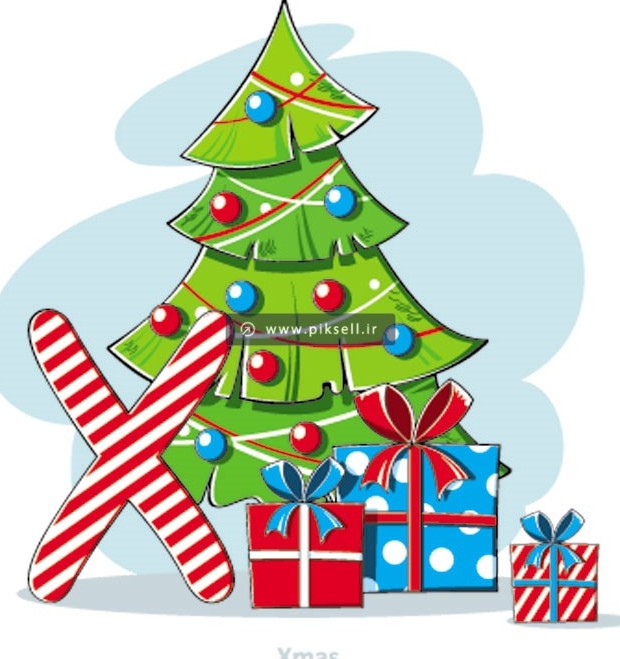 وکتور با طرح کارتونی درخت کاج و هدایای کریسمس