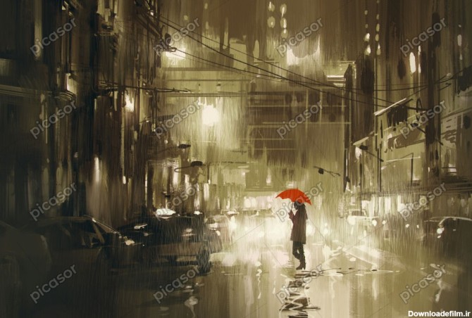 عکس گرافیکی دختر با چتر زیر باران در خیابان - تصویرسازی دختر در ...