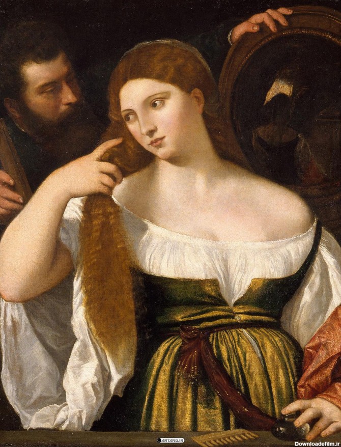 نقاشی دختر ایستاده جلوی آینه با موهای بلند