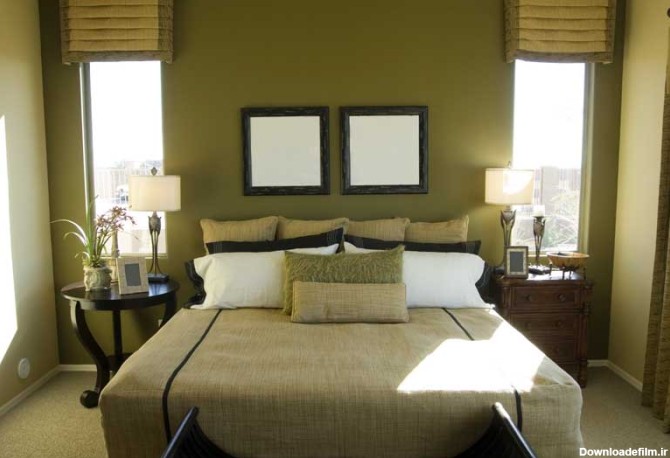 تصویر زیبا از تختخواب دو نفره با پرده سبز