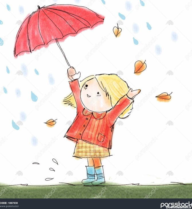 دختر با چتر شادی در تصویر برداری باران. 1087038