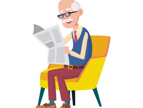 طرح لایه باز کاراکتر کارتونی و گرافیکی پیرمرد در حال خواندن روزنامه روی صندلی