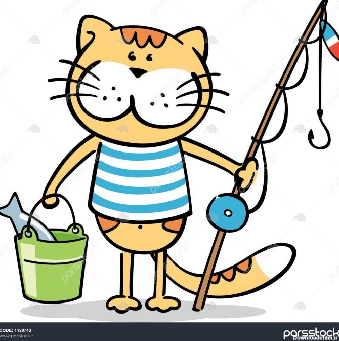 گربه ماهیگیر گربه با ماهیگیری و ماهی در سطل 1420742