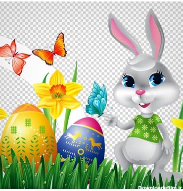 عکس کارتونی png و بدون پس زمینه خرگوش ، تخم مرغهای رنگی و طبیعت (Easter Bunny with Daffodils Eggs and Grass Decor PNG)