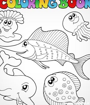 دانلود طرح لایه باز مجموعه موجودات دریایی بصورت نقاشی شده ساده مناسب برای کتابهای رنگ آمیزی کودکان