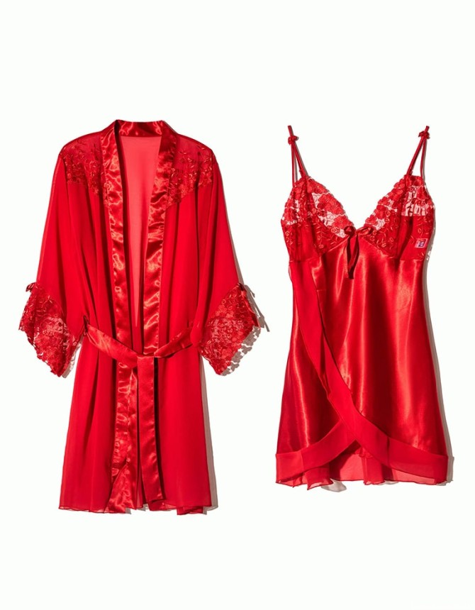 لباس خواب روبدوشامبر زنانه حریر ان بی بی 3820 قرمز | NBB